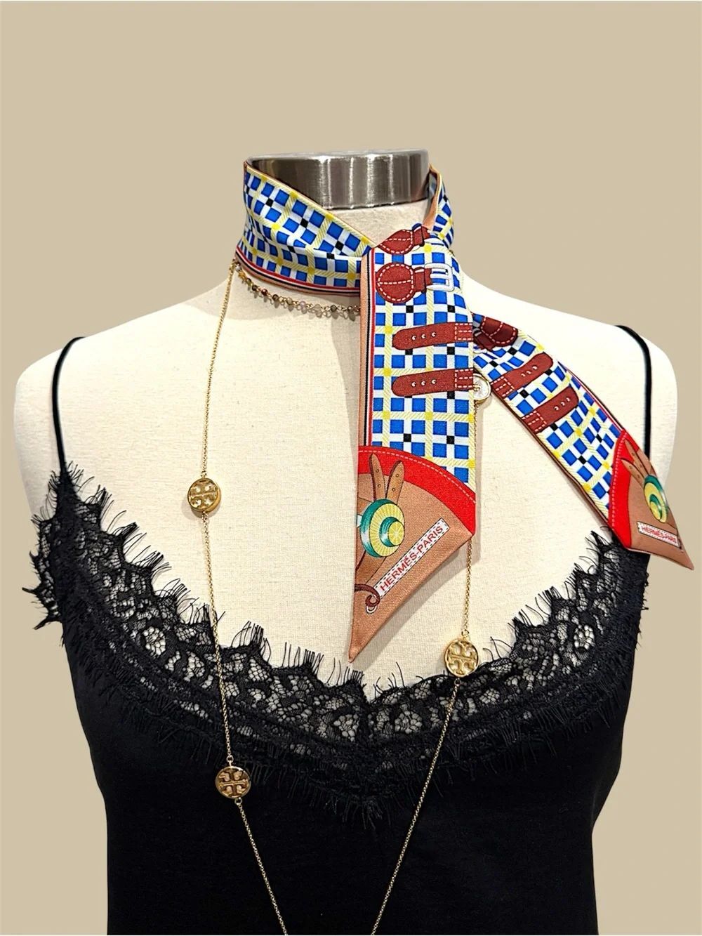 Luxury Silk France Paris Ribbon tie Brown, Blue & Red Silk Twilly Scarf Necklace